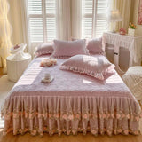 4/6Pcs Milk Velvet Flower Lace Ruffles Luxury Bedding Set King Queen Size Duvet Cover Quilted Bed Skirt Bedspread Pillowcases