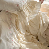 Soft Washed Cotton Bedding Sets Luxury Flowers Embroidery White Princess Duvet Cover Bed Sheet Pillowcases Home Textiles