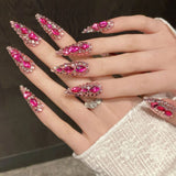 10pcs Full Diamond Handmade Press On Nails Long Stiletto False Nails With Flash Pitaya Color Rhinestone Decor Luxury Almond Nail