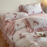 4Pcs Lyocell Soft Silky Cooling Summer Bedding Set Rose Floral Prints Ruffles Duvet Cover Set Bed Sheet/Fitted Sheet Pillowcases