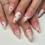 24Pcs/Box Shiny Cute False Nails French Almond Nails Simple Heart Design Sweet Press on Nails Full Cover Wearable Manicure Art