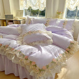 Korean Princess Style Flowers Lace Ruffles Duvet Covers Bed Skirt/Fitted Sheet Pillowcase Bedding For Girls Luxury Home Textiles