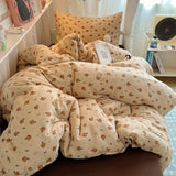 Bedding Set Double Layered Yarn INS Girls Mushroom Soft Washed Cotton Bed Sheet Queen King Size Duvet Set Pillowcase Bed Sheet