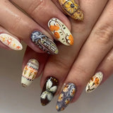 French Almond False Nails Retro Flowers Wearable Hand Drawn Press on Nails for Woman Datachable Full Cover False Nails Tips