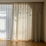 French Embroidered Bird Linen Curtain For Living Room, Privacy Sheer Curtain For Bedroom, Machine Washable，Easy Install Curtain