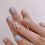 24pcs Short Square False Nails Art Cute Flower Design Blue Ballet Press on Nails Tips Shiny Powder Fake Nail Artifical Manicure