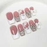 10pcs French Gradient Handmade Fake Nails Flower Rhinestone Design Spicy Girl Mid-length Square False Nails Tips Press on Nails