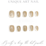 10Pcs Handmade Press on Nails Full Cover Glitter Cat Eye Design Simple Solid Color False Nails Short Ballerina Wearable Manicure