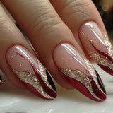 24pcs Black Irregular Stripes French False Nail with Glue Almond Glitter Red Press on Nail Wearable Full Cover Manicure Nail Tip