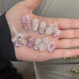 10pcs Sweet Pink Plaid Press on Nails Heart Butterfly False Nails French Bowknot Nail Cute Coffin Handmade Fake Nails for Girls