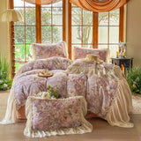 100% Cotton Double-layer yarn Bedding Set Vintage Chic Flowers Wide Chiffon Ruffle Edge Duvet cover Bed Sheet Pillowcases 4Pcs