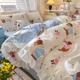 Korean Princess Style 4Pcs Floral Ruffles Bedding Set Single Queen Size Soft Skin-friendly Washed Cotton Duvet Cover Pillowcase