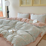 Thiened Double Layer Cotton Bean Flannel Four Piece Set Korean Sle Winter Warm Student Tee Piece Set Floral Lace Bedding
