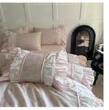 Pink Floral Double Layer Lace Ruffles 100% Cotton Bedding Set Duvet Cover Set Bed Sheet/Bed Skirt/Fitted Sheet Pillowcases 4Pcs