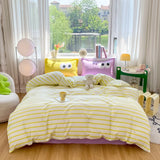 4pcs Simple Color Stripes Duvet Cover Set Cute Green Pink Bedding Big Eye Pattern Pillowcases Comforter Cover with 1 Bed Sheet
