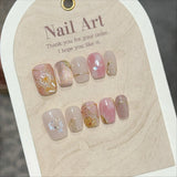 10pcs Short Coffin Press on Nails Shiny Green Cat Eye Nail Hand Paint Mini Flower Fake Nails Pearl Gold Foil Enamel False Nails