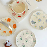 Creative Hand-painted Flower Pattern Ceramic Plate Underglaze Color Coffee Cup Dish Snacks Fruit Dessert Plates Gifts Saucers