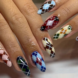 French Almond False Nails Retro Flowers Wearable Hand Drawn Press on Nails for Woman Datachable Full Cover False Nails Tips