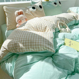 Cute Big Eyed Four Piece Set Plaid Duvet Cover Set With Sheet Bedroom Decor Skin Friendly Single Double Bedding Set Home Textile