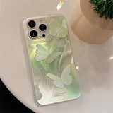 Green Gradient Butterfly Pattern Phone Case For iPhone 16e 11 12 13 14 15 16 Pro Max XR XS X 7 8 Plus Shockproof Glitter Cover