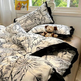 Korean Black White Hepburn Style Bedding Sets Ultra Soft Breathable Duvet Cover Set with Black Lace Fitted Sheet Set for Adults