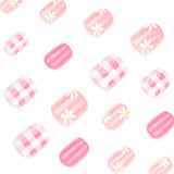 Flower Press on Nails Short Square Fake Nails with Pink Checkered Stick on Nail Cute Acrylic False Nail Spring Summer Nails