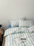Simple Blue een Stripes Cotton Bedding Set Waed Cotton Duvet Cover And eet Set Korean Sle Four Piece Bedding Set