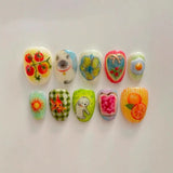 10pcs Handmade Press on Nails Gradient Pink Short Almond Nails Tips Love Heart Flower Design False Nail Art Rhinestone Fake Nail