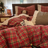 INS Girls Retro Red Grid Bedding Sets 2025 New Lace Bed Sheet Set Women Plaid Queen Size Duvet Cover Sets With Pillowcases