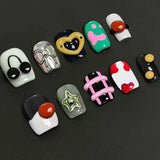 10pcs Sweet Cool Y2K Style Press on Nails 3D Cartoon Fake Nail Bow Heart Hand Painted False Nails Short Colorful Almond Nail Art