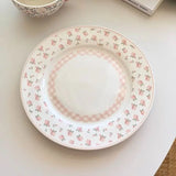 Pink Plaid Floral Ceramic Plate with Lace Edge, Perfect for Western Restaurant Desserts and Salad