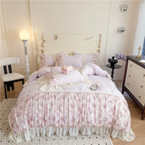 Princess Style Duvet Cover Sets with Lace Embroidery Bed Cover for Girls  Queen/King Size 이불커버 Soft Pink Bedding with Ruffles