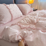 Korean Pink Gingham Bedding Sets With Cherry Cute Girls Striped Duvet Cover Wash Cotton Soft Bed Sheet Set Quilt Cover
