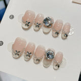 10Pcs Cute Cat Eye Almond Fake Nail Blue Shiny with Small Rhinestone Nail Art Nude Color Short Oval Finished Artificial Manicure