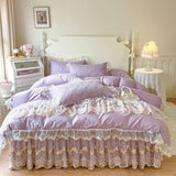 100% Cotton Flowers Lace Embroidery Ruffles Princess Weding Bedding Set Duvet Cover Quilted Bed Skirt Bedspread Pillowcases 4Pcs