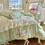3/4Pcs Bedding Set French-Inspired, Girly, Princess-Style Bows and Lace Pink Duvet Cover Pillowcase Bedding Full Set Double Bed