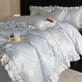 Beige Jacquard Satin Cotton Bedding Sets Luxury Lace Embroidery Duvet Cover Flat or Fitted Bed Sheet Pillowcases Home Textile
