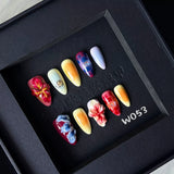 10pcs 3D Spotted Flowers Almond Handmade Press On Nails With Wine Red Smudging Design False Nails Transparent Small Snake Decor