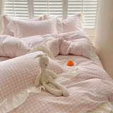 3pcs Pink Grid Bedding Set bedding set lace duvet cover and 2pcs pillowcases (no padding), suitable for bedroom
