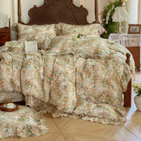 Vintage Oil Painting Style Flowers Ruffles Bedding Set Double Layer Yarn 100% Cotton Duvet Cover Flat/Fitted Sheet Pillowcases