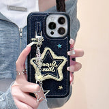 Embroidery Stars Jean Cloth Denim Case For iPhone 12 13 14 15 Pro Max 11 Phone Case with Star Pendant Keychain Soft Back Cover