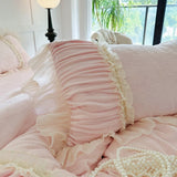 Pink Princess Style Pleated Lace Ruffles Carved Velvet Warm Soft Bedding Set Duvet Cover Flat/Fitted Bed Sheet Pillowcases 4Pcs