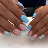 24pcs Blue Mid-length Square Fake Nails Finished Glitter Sequin French False Nail Set Wearable Rhinestones Design Press on Nails
