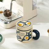 400ML Flowers Ceramic Mug with Lid Creative Checkerboard Grid Pattern Coffee Mug Home Office Breakfast Milk Cup Birthday Gift