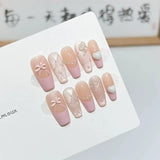 10Pcs Handmade Press on Nails Full Cover Bow Tie Design Rhinestone French Ballet Cat Eye False Nails Manicure Wearable Nail Tips