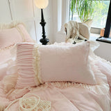 Pink Princess Style Pleated Lace Ruffles Carved Velvet Warm Soft Bedding Set Duvet Cover Flat/Fitted Bed Sheet Pillowcases 4Pcs