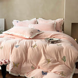 4Pcs Winter Thickened Milk Velvet Butterfly Embroidery Bedding Set Wide Edge Duvet Cover Set Flat/Fitted Bed Sheet Pillowcases
