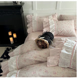 Pink Floral Double Layer Lace Ruffles 100% Cotton Bedding Set Duvet Cover Set Bed Sheet/Bed Skirt/Fitted Sheet Pillowcases 4Pcs