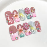 10pcs French Gradient Handmade Fake Nails Flower Rhinestone Design Spicy Girl Mid-length Square False Nails Tips Press on Nails