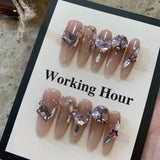 10Pcs Handmade Long False Nails with Glue Press On Nails Full Cover Glitter Almond Heart Rhinestone Manicure Wearable Nail Tips